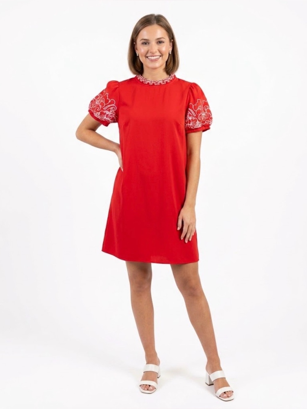 Jodifl red white embroidered puff sleeve shift dress M